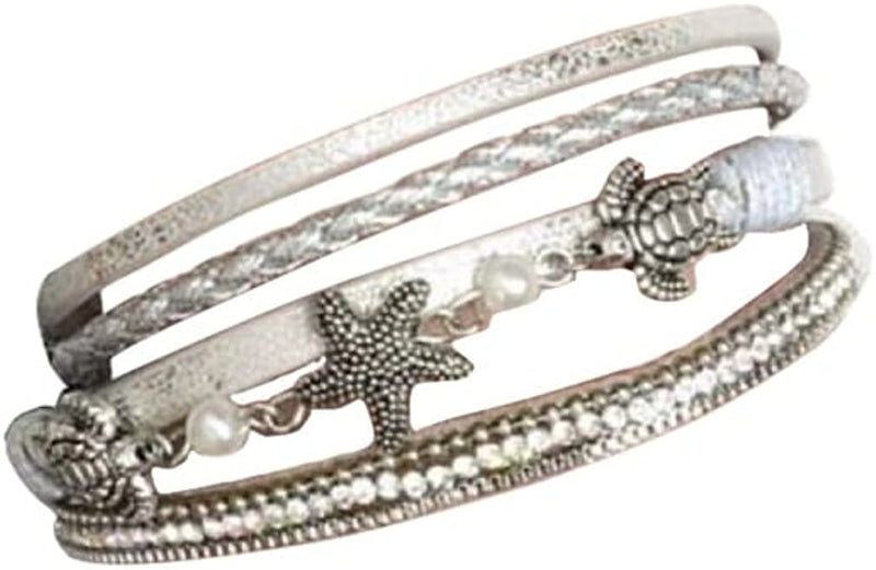 Leather Rhinestone Multilayers Boho Bracelet with Turtles & Seashells