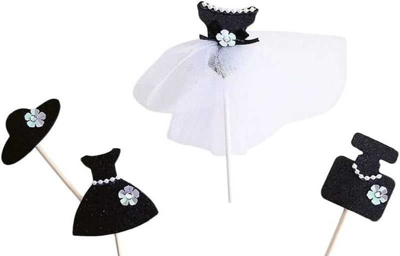 Fun Designs of Elegant Dress and Perfume Cake Set and Cupcake Toppers for Birthday/Events (Black Elegant Pearl Ballet Princess-set of 4)