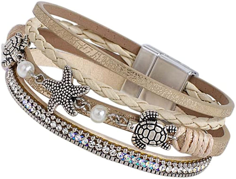 Leather Rhinestone Multilayers Boho Bracelet with Turtles & Seashells