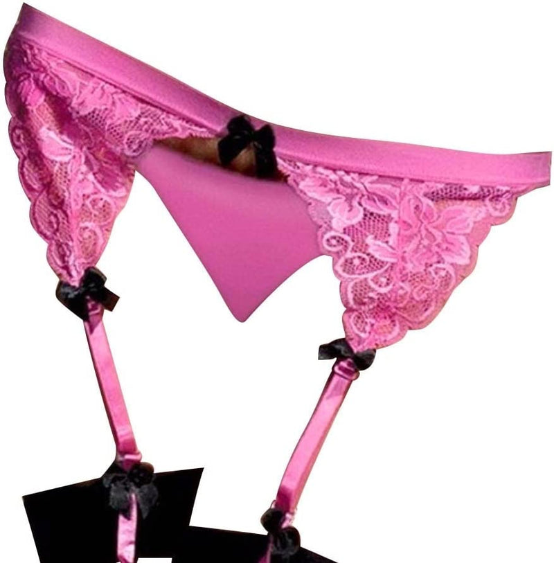 One Size Fits Most Women Lace Garter Strap Belt Set with Thong Panty Underwear (Pink & Black) Stockings Not Included