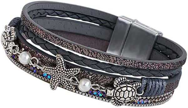 Leather Rhinestone Multilayers Boho Bracelet with Turtles & Seashells