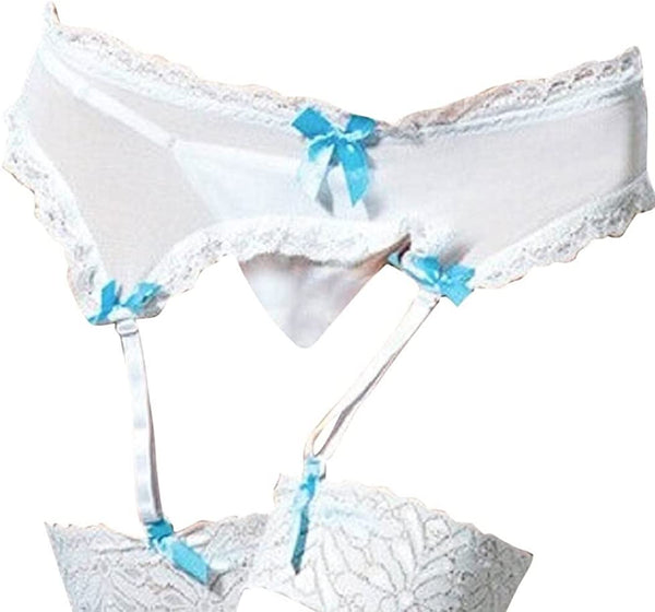 Women's Two-piece Lace Garter Belt & Thong Set - White and Blue. Stockings Not Included