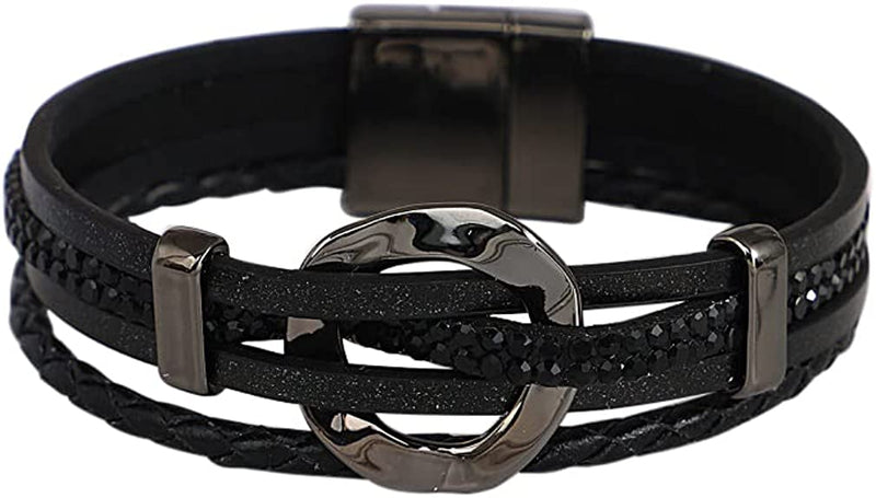 Circle Leather and Rhinestones Interwined Wrap Bracelets