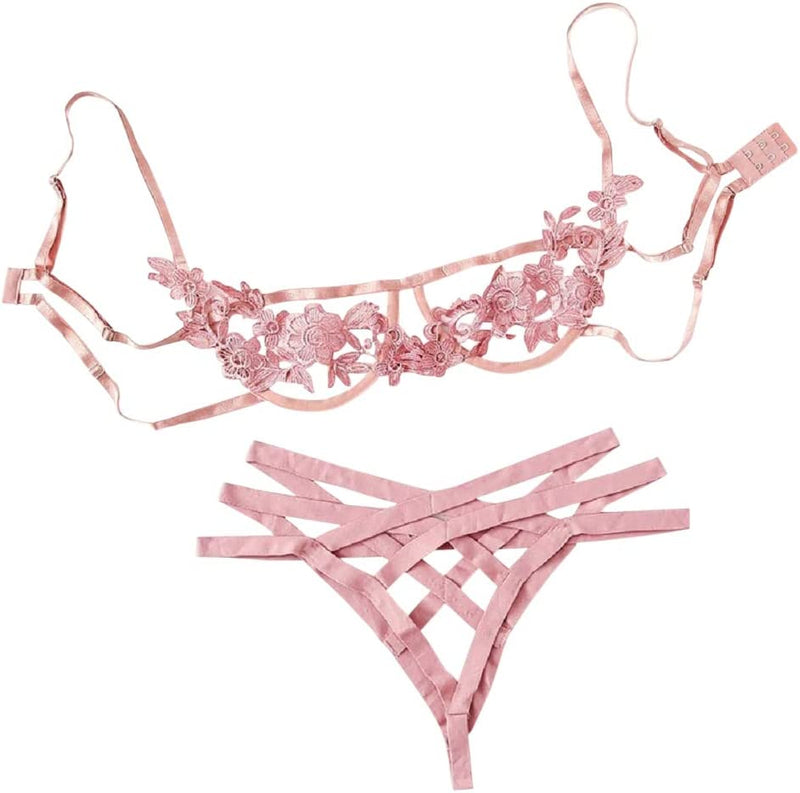 Sexy Crossover Straps and Embroidered Flower Bra Lingerie Set. Perfect for Weddings/Valentines/Birthday/Special Occasions