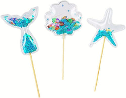 Colorful fun Mermaid Sequin Cake Toppers Starfish,Hearts, Clouds. Set of 5. Random Designs