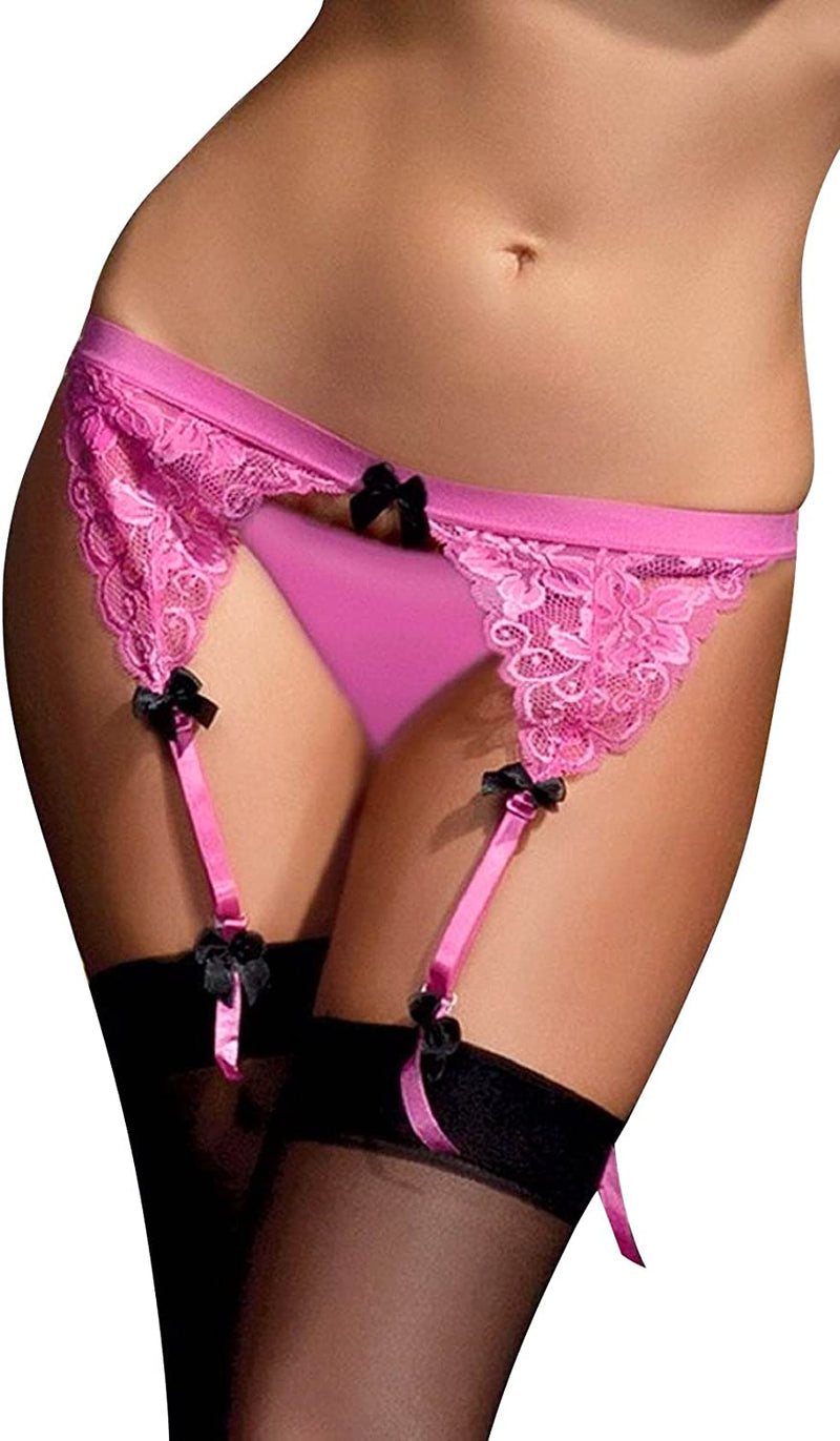 One Size Fits Most Women Lace Garter Strap Belt Set with Thong Panty Underwear (Pink & Black) Stockings Not Included