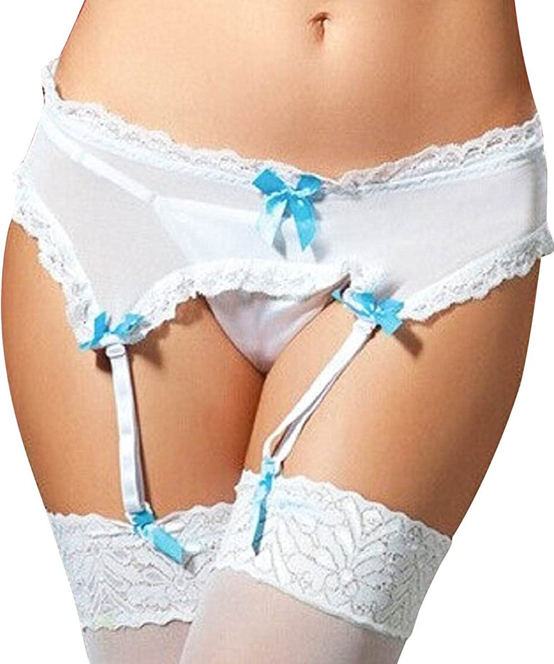 Women's Two-piece Lace Garter Belt & Thong Set - White and Blue. Stockings Not Included