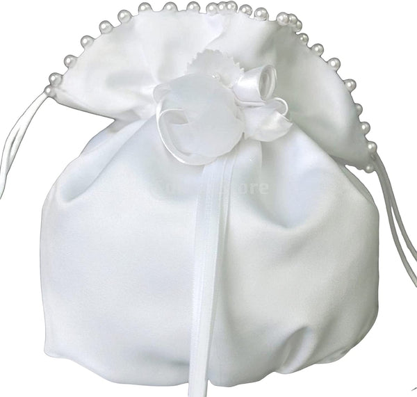 White Satin Bridal/Flowergirl Purse Money Bag with Pearls